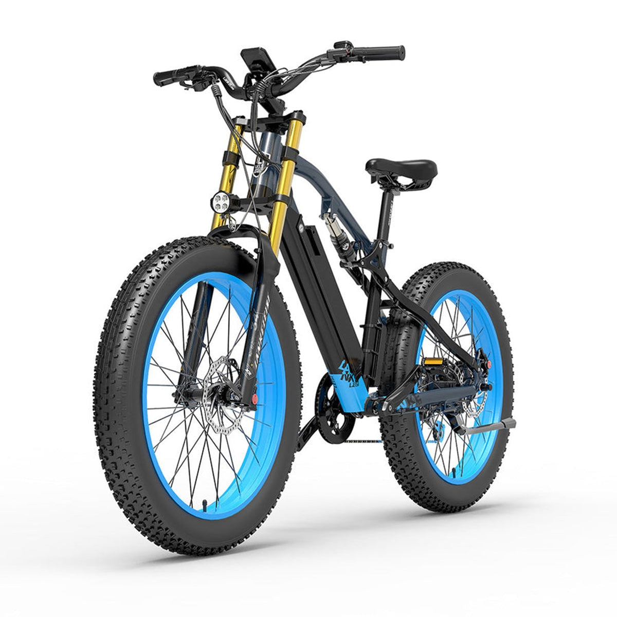 Blue LANKELEISI RV700 Explorer electric hunting bike with sturdy frame and off-road tires, designed for outdoor adventure.