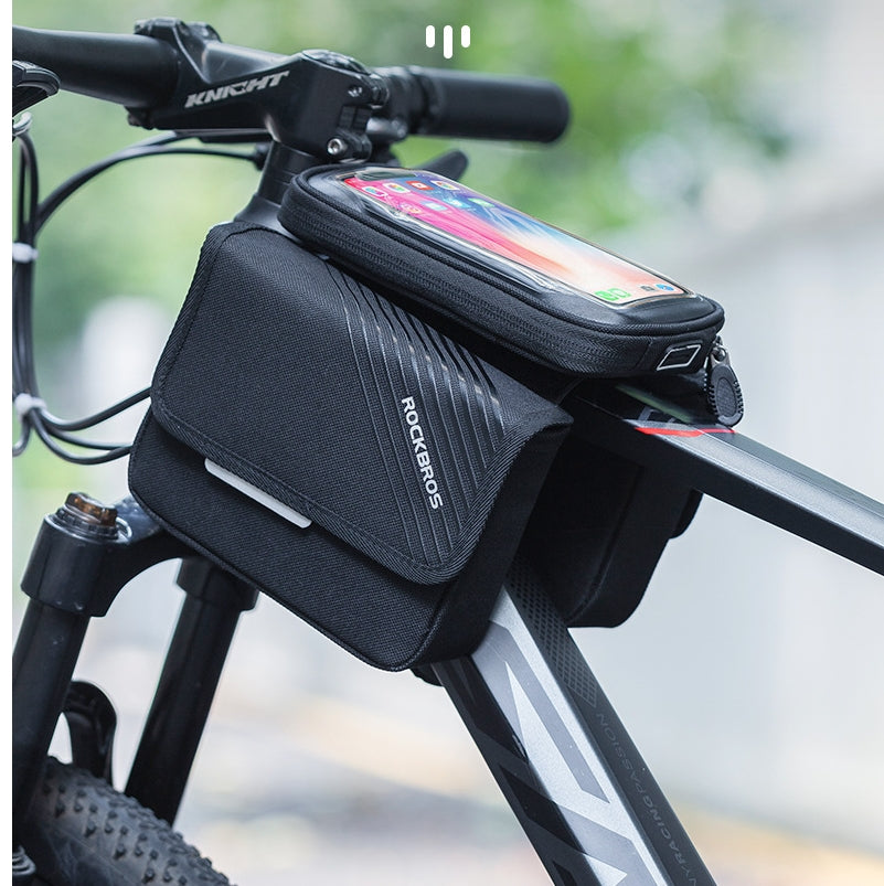 LANKELEISI saddle bag mounted on bike frame, compact storage pouch with adjustable straps for cycling accessories.