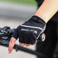 LANKELEISI multi-functional riding gloves in black, with padded palms and adjustable wrist straps, designed for cycling and outdoor activities.